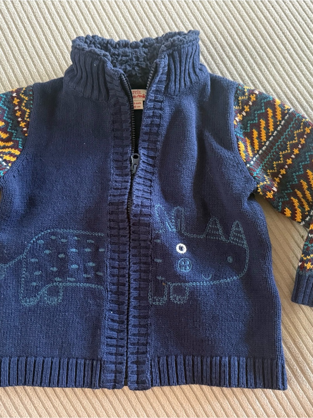 Navy Zip-Up Kids Sweater with Patterned Sleeves